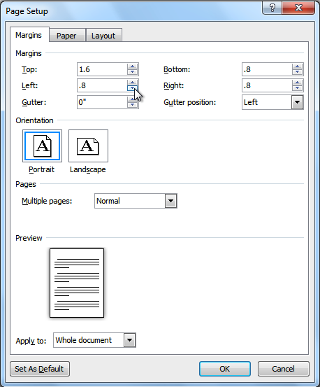 Adjust the margin sizes for each side of the page and click OK