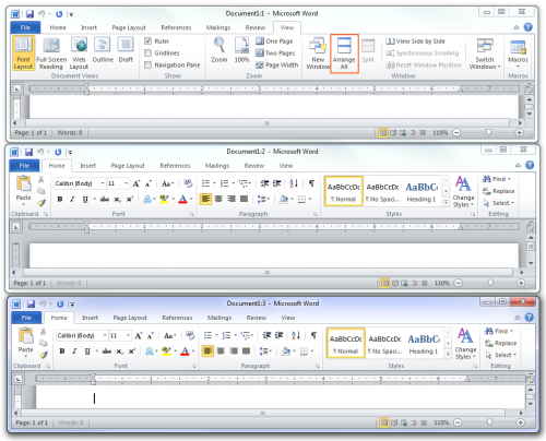 Click Arrange All to tile all documents side by side to review their content