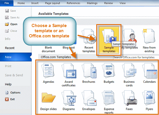 Click Sample templates to choose a built in template
