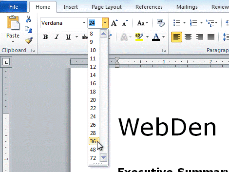 Click the drop down arrow next to the Font Size box on the Home tab