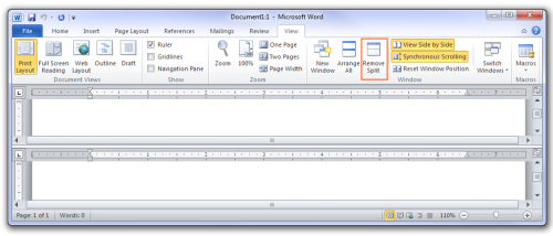 Clicking Split will allow you to split a single document into two scrollable sections