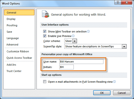 Enter the user name and or initials in the General section
