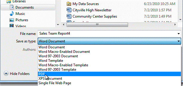 In the Save as type drop down menu select PDF