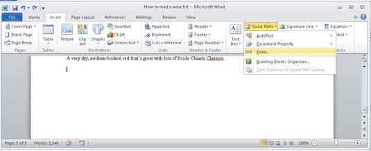 In the Text group choose Quick Parts Field