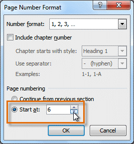 Next to Start at enter the number that you want the page numbers to start with