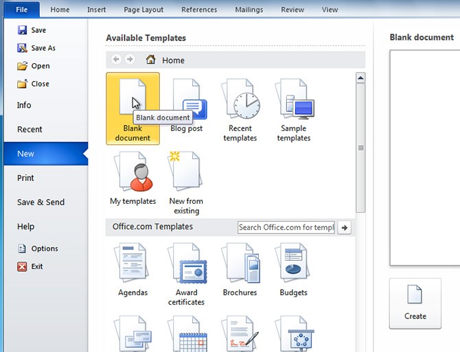 Select Blank document under Available Templates