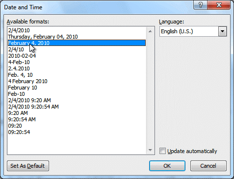 Select a date format in the dialog box that appears