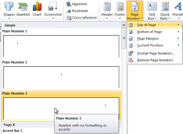 Select the desired page number style