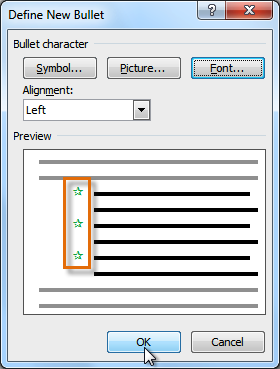 The bullet colour will now appear in the Preview section