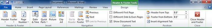 You can review the Header and Footer Tools Design tab