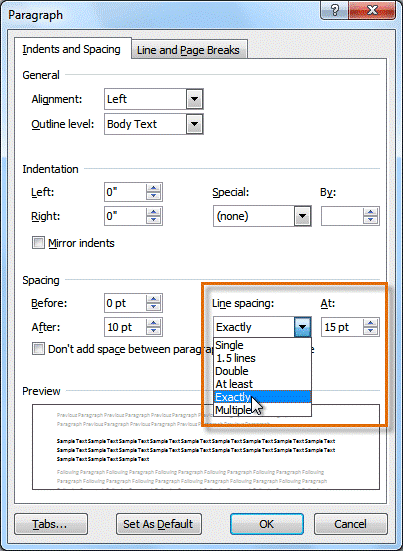 also select Line Spacing Options to open the Paragraph dialog box