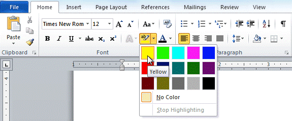 click the Text Highlight Colour drop down arrow