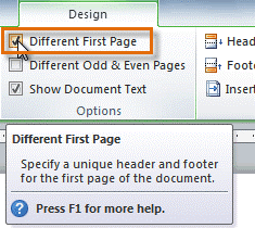 place a checkmark next to Different First Page