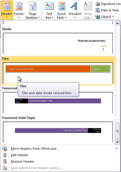 select Blank to insert a blank header or footer