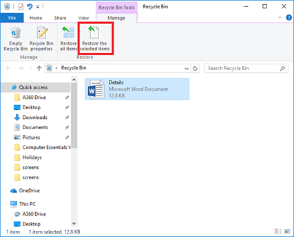 Restoring from the Recycle Bin
