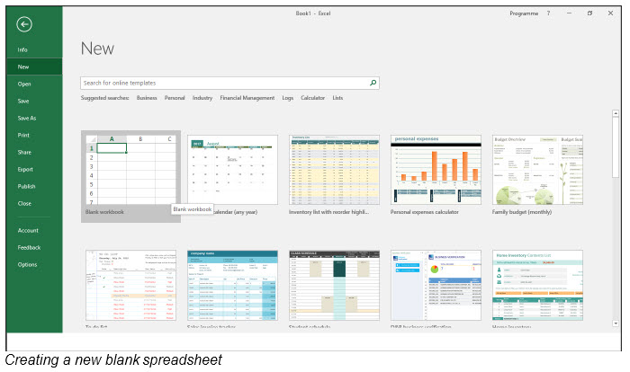 Creating a new blank spreadsheet