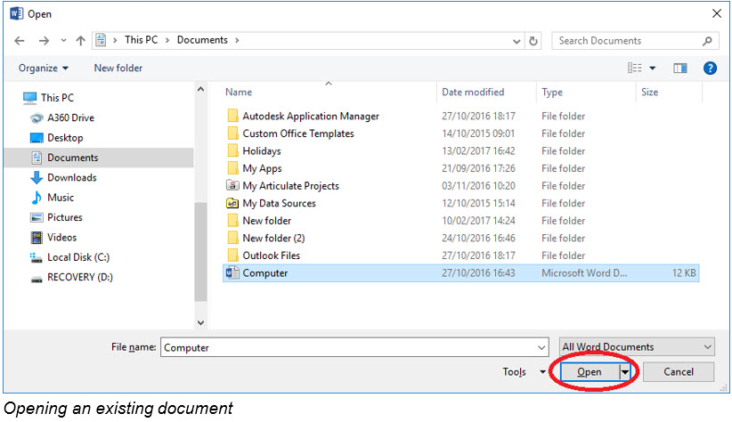 Opening an existing document