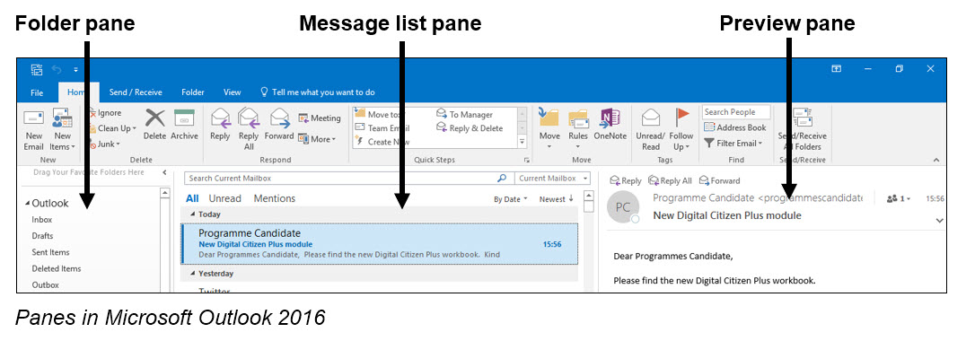 Panes in Microsoft Outlook 2016
